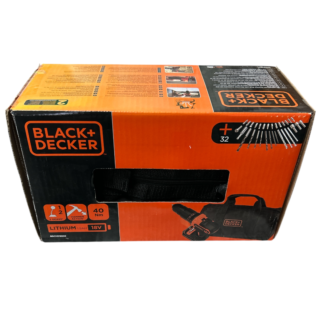 Trapano/Avvitatore a percussione 18V Litio in borsa multiuso con Set 32pz Black & Decker